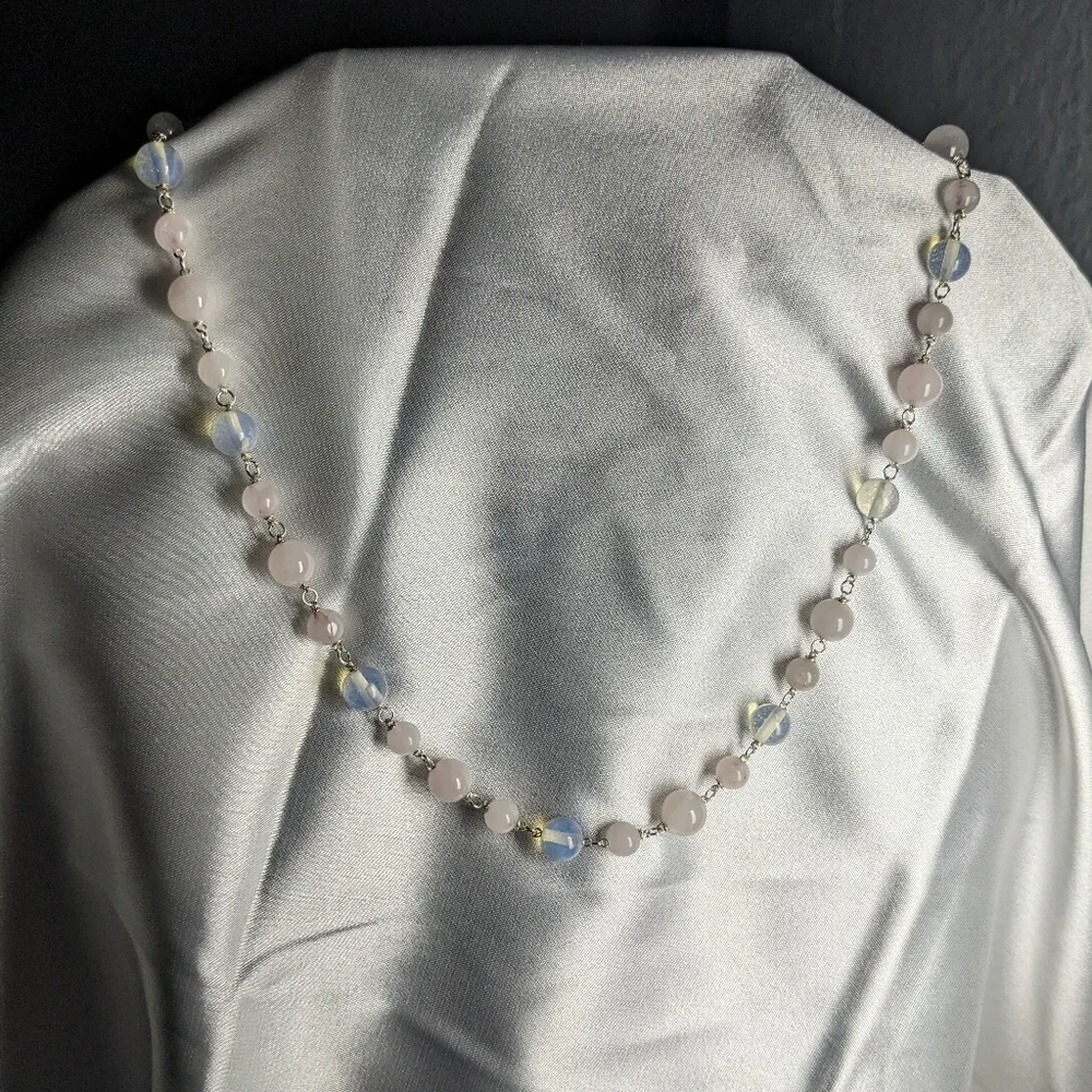 Moonstone Rose Quartz Crystal Necklace Handmade Artisan Silver Unique Natural - Picture 8 of 10